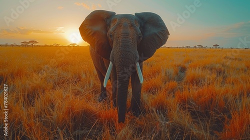  An elephant stands in a field of tall grass, silhouetted against the sunset's distant horizon