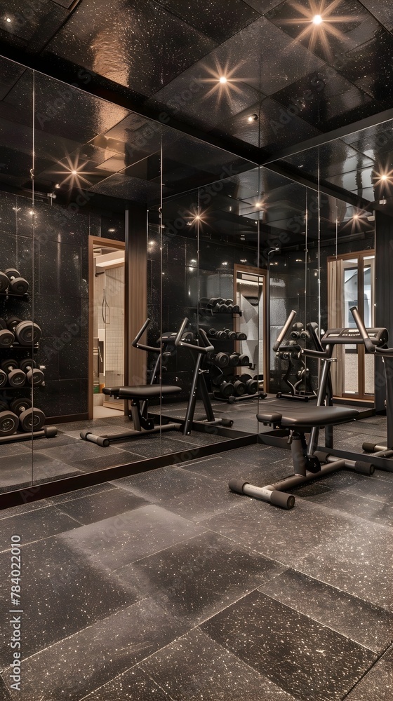 Sleek and Sophisticated Home Gym with Mirrored Walls and Textured Flooring