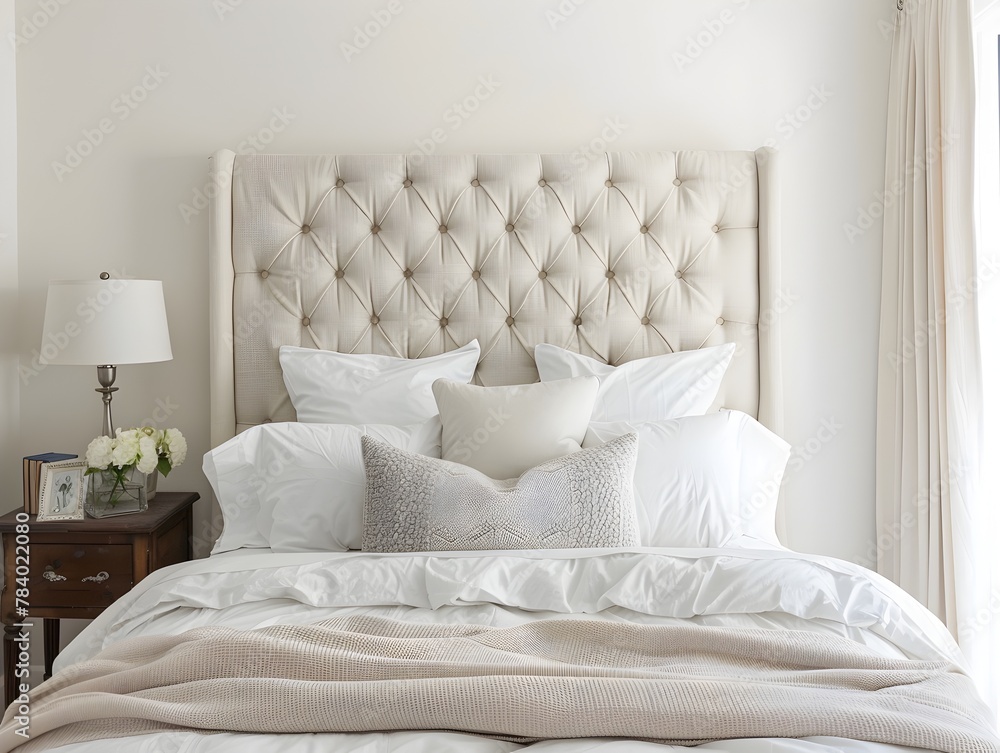 Fototapeta premium Tranquil and Elegant Upholstered Headboard in Inviting Bedroom Interior