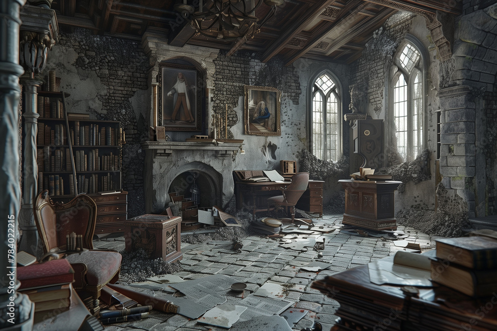 Decrepit Castle Interior: Fireplace in Dirty Room of Ancient Ruins