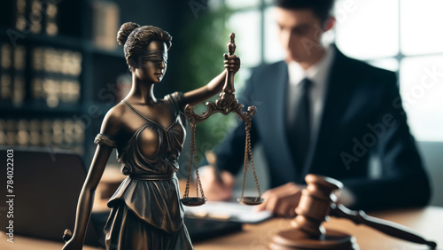 Law Office Scene with Bronze Lady Justice and Writing Lawyer photo