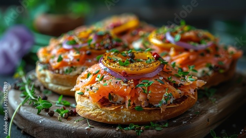  A tight shot of a bagel adorned with toppings atop a weathered wooden platter, framed by a purple flower in the background