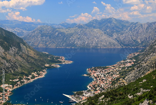 high mountains in Montenegro. Beautiful Kotor Bay and old city Kotor in summer. Full top view boka kotorska