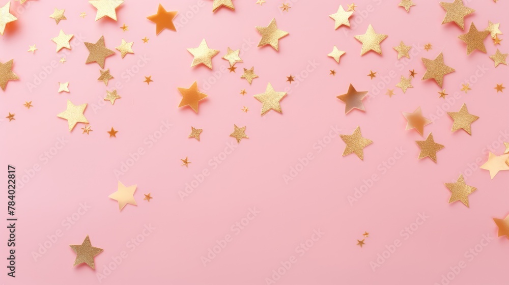 Gold star confetti on a pink background with space for text. Banner, poster, ai Gold star confetti on a pink background with space for text. Banner, poster, ai