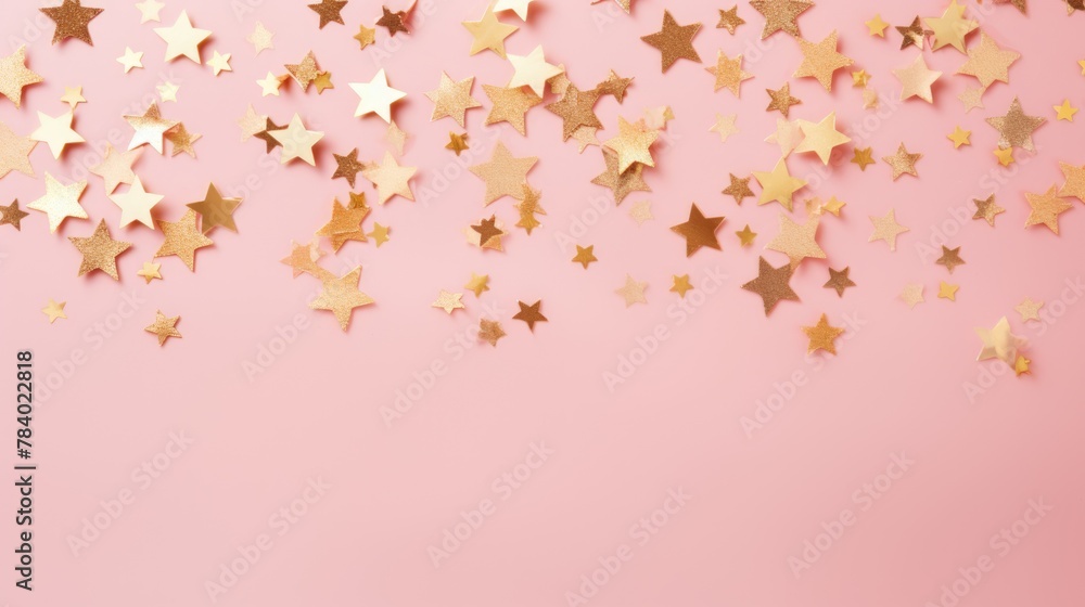 Gold star confetti on a pink background with space for text. Banner, poster, ai Gold star confetti on a pink background with space for text. Banner, poster, ai