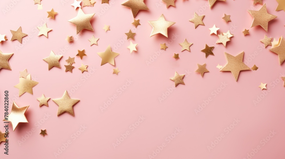 Gold star confetti on a pink background with space for text. Banner, poster, ai Gold star confetti on a pink background with space for text. Banner, poster, ai