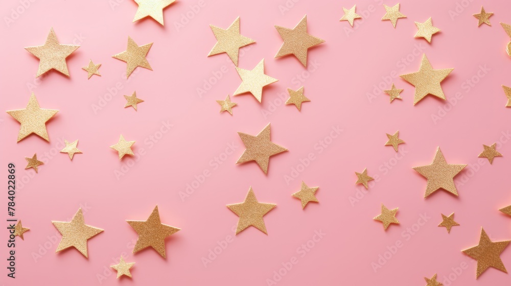 Gold star confetti on a pink background with space for text. Banner, poster, ai Gold star confetti on a pink background with space for text. Banner, poster, ai