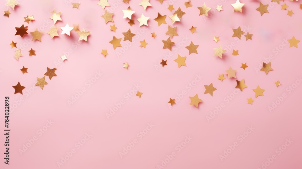 Gold star confetti on a pink background with space for text. Banner, poster, ai