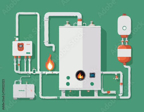 Gas boiler with burner. Water heater. Home furnace isolated on green background. System of combi heating. White smart gas boiler for heat water with hot and cold pipe, gas and control. Vector
