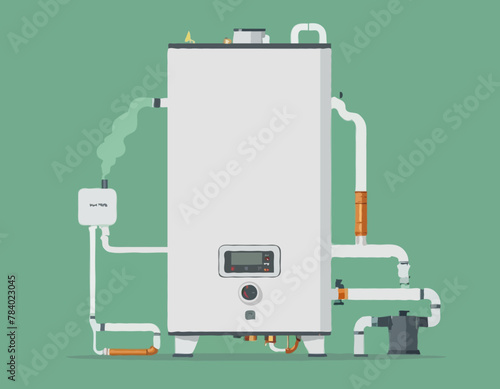 Gas boiler with burner. Water heater. Home furnace isolated on green background. System of combi heating. White smart gas boiler for heat water with hot and cold pipe, gas and control. Vector
