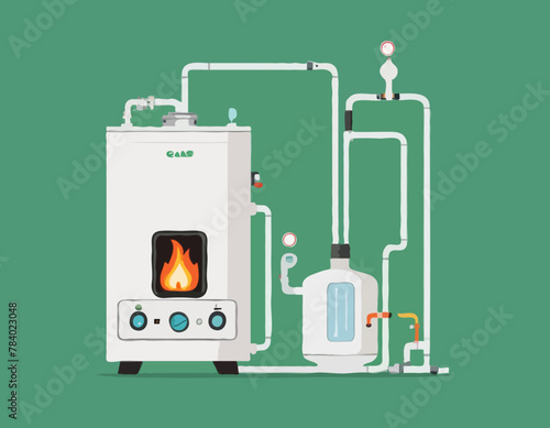 Gas boiler with burner. Water heater. Home furnace isolated on green background. System of combi heating. White smart gas boiler for heat water with hot and cold pipe, gas and control. Vector
