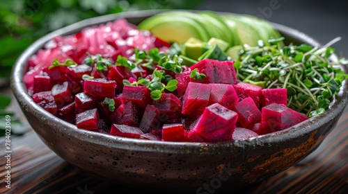   A tight shot of a bowl brimming with food, featuring beets and avocado placed adjacent