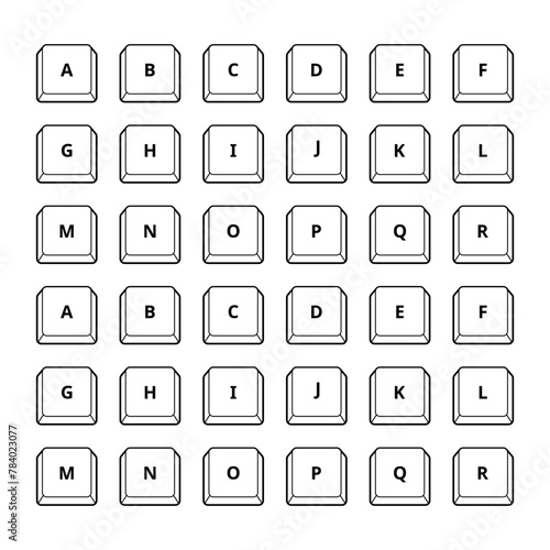Alphabet letters keys on computer keyboard isolated icon. Keyboard a-r buttons.