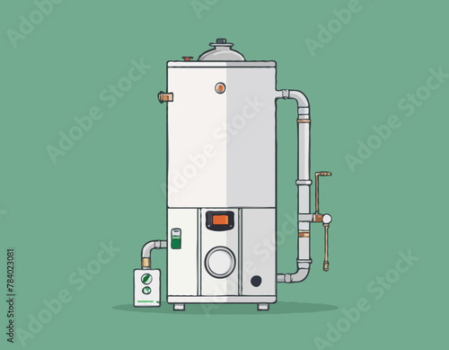 Gas boiler with burner. Water heater. Home furnace isolated on green background. System of combi heating. White smart gas boiler for heat water with hot and cold pipe, gas and control. Vector
