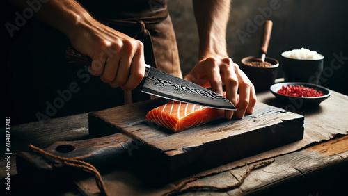 Chef Prepares Fresh Salmon with Artisan Damascus Knife