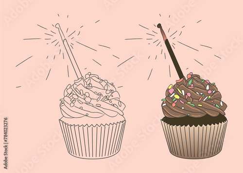 Birthday cupcake with birthday bengal fire and confectionery sprinkles. isolated image of a sweet dessert
