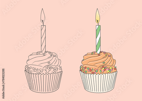 Birthday cupcake with birthday candle and confectionery sprinkles. isolated image of a sweet dessert