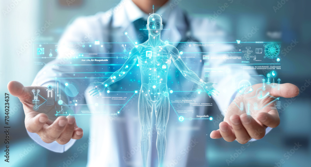 Doctor with blue holographic body scan interface Doctor with blue holographic body scan interface