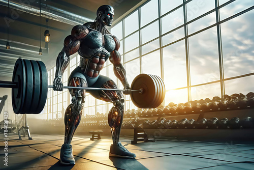 A muscular robot in the gym lifts a barbell with a lot of weight. photo