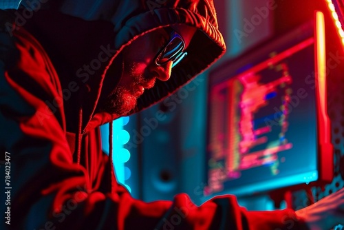 Hooded hacker in hoodie stealing information from computers at night. Cyber attack concept.
