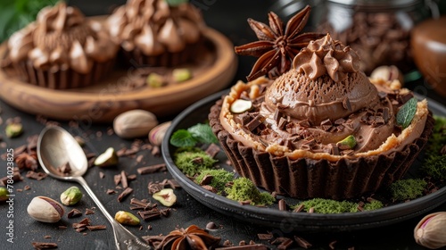   A tight shot of a chocolaty cupcake on a plate, adorned with nuts and chocolate shavings surrounding it photo