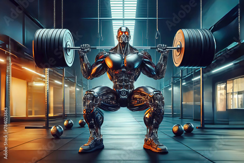 Robot weightlifter trains in the gym and lifts a heavy barbell with a lot of weight.