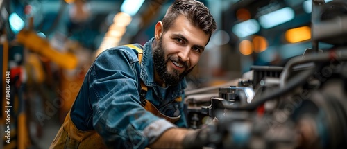 Focused Mechanic in Action, Space for Your Text. Concept Mechanic at Work, Automotive Repair, Industrial Setting, Copy Space