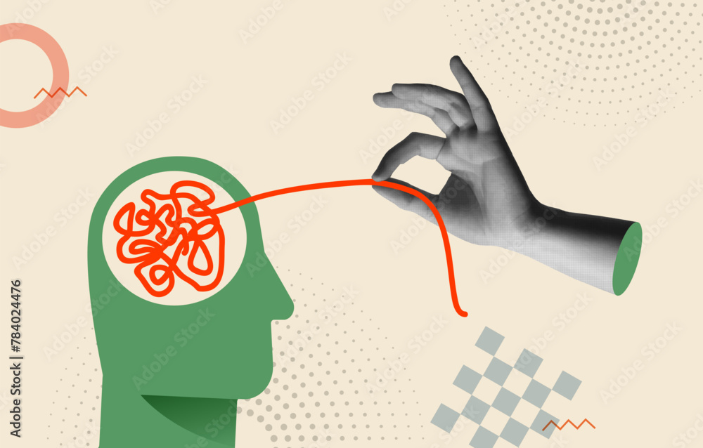 Mental health concept and human hand in retro collage vector illustration - obrazy, fototapety, plakaty 