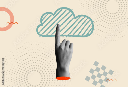 Cloud computing icon and human hands in retro collage vector illustration