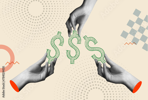 Crowdfunding concept with money icon and hands in retro collage vector illustration © Cienpies Design