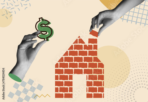 Real estate financing with hands in retro collage vector illustration © Cienpies Design