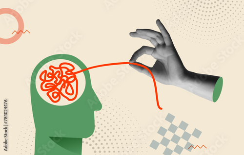 Mental health concept and human hand in retro collage vector illustration