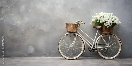 minimalism, vintage bicycle near the gray wall, wheels and white flowers in a basket. generated by AI photo