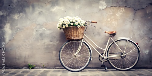 minimalism, vintage bicycle near the gray wall, wheels and white flowers in a basket. generated by AI photo