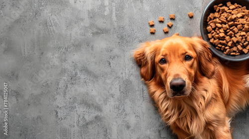 Top view of a cute retriever dog lying on a gray isolated background next to a bowl of dry food.