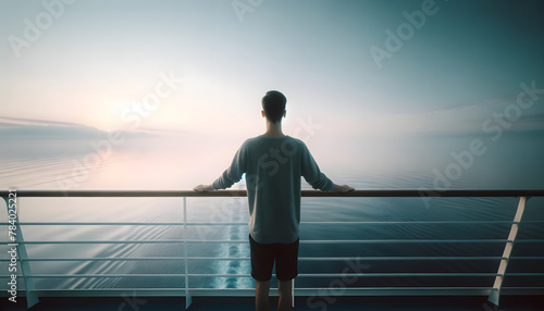 Homme méditant sur le pont d'un bateau face à l'océan infini photo