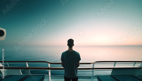 Homme seul sur le pont d'un bateau face à l'océan infini photo