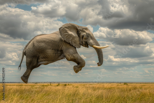 An elephant is jumping in the air. The elephant is in the middle of the sky and is surrounded by trees. flying elephant