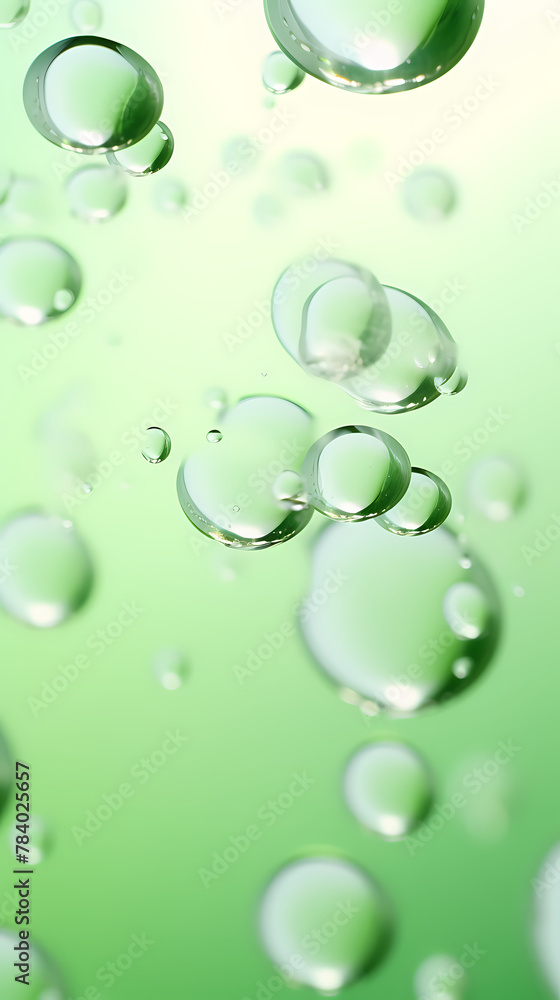 Water droplets on green background, cosmetic moisturizing solution concept illustration