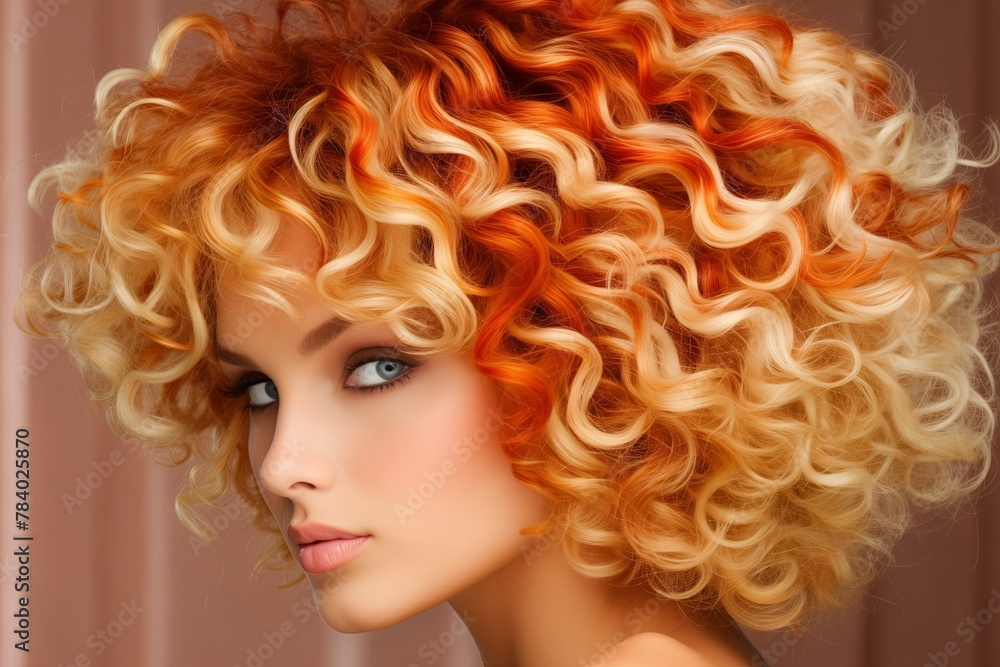 Portrait of a young redhead woman with curly hair, showcasing beauty and glamour. Fashion model with Portrait of a young redhead woman with curly hair, showcasing beauty and glamour. Fashion model with