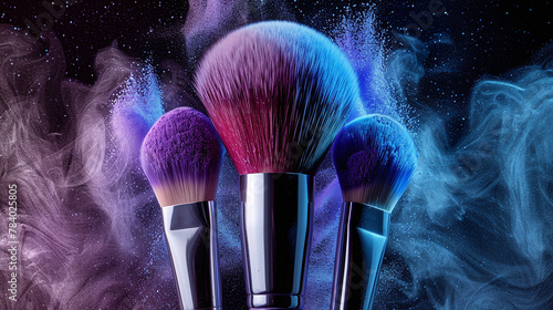 close-up of makeup brushes with purple and blue blush powder on black background, commercial or advertising shot photo