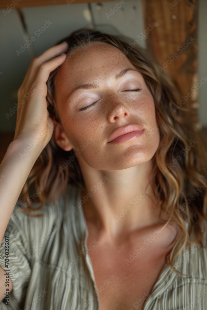 essential oil roll-on applied to a persons temples, promoting relief from stress and headaches essential oil roll-on applied to a persons temples, promoting relief from stress and headaches