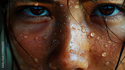 Close-up of an indonesian young woman's face under rainy weather (Generative AI) photo
