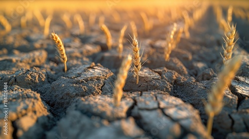 Lone Wheat on Cracked Earth, solitary wheat ear stands amid cracked dry soil, symbolizing agricultural challenges due to drought and climate change