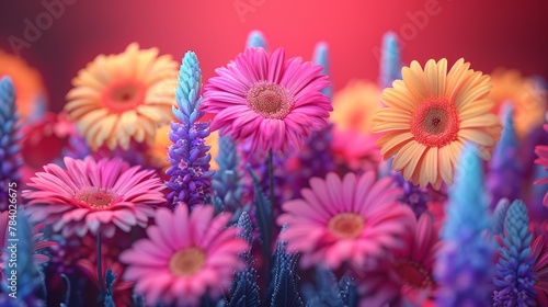  pink and yellow centers, encircled by purple and yellow petals against a deep red backdrop © Anna