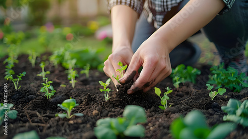 Cultivating Life  A Woman Nurtures Young Sprouts in the Outdoors with Selective Focus on Growth and Development