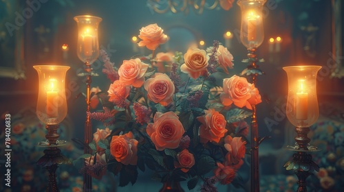   A table top bears a vase filled with numerous pink roses and two lit candles