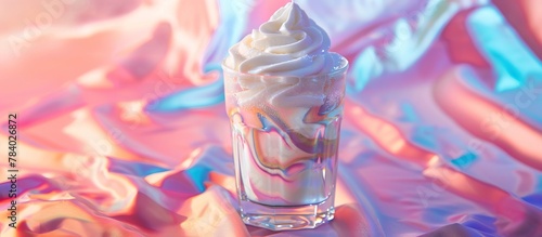 A dessert glass with whipped cream on a colorful and playful background