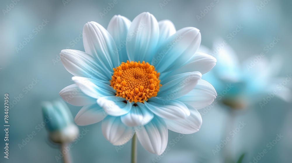 A close-up of a white and blue flower with a yellow center A close-up of a white and blue flower with a yellow center