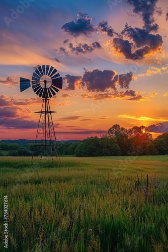 A panorama of a lush green meadow at sunset, with a rustic windmill silhouetted against the colorful sky